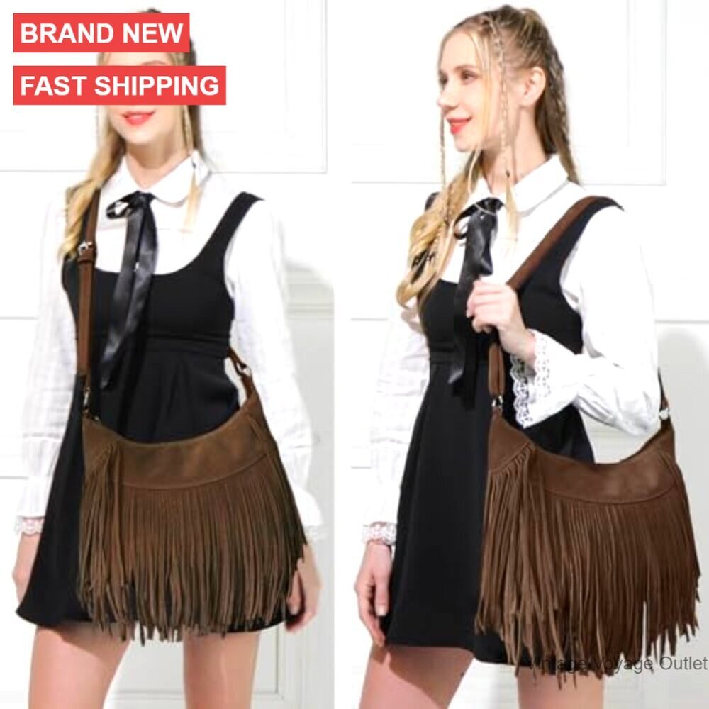 Fringe Hobo Bag Vegan Suede Crossbody Shoulder Purse Medium Size - Picture 2 of 7